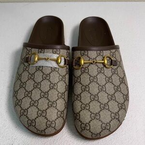 Gucci Beige GG Canvas Horsebit Mules with Brown Trim